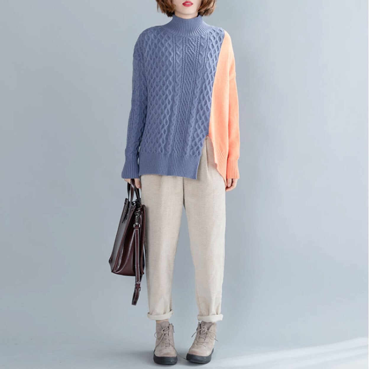 Womens Two Tone Cable Knit Sweater