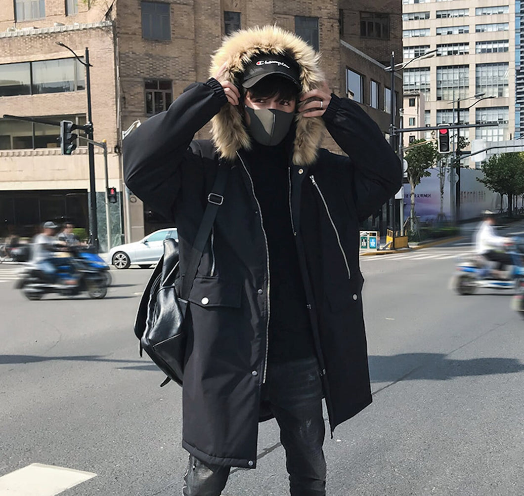 Mens Long Parka Jacket with Faux Fur Hood