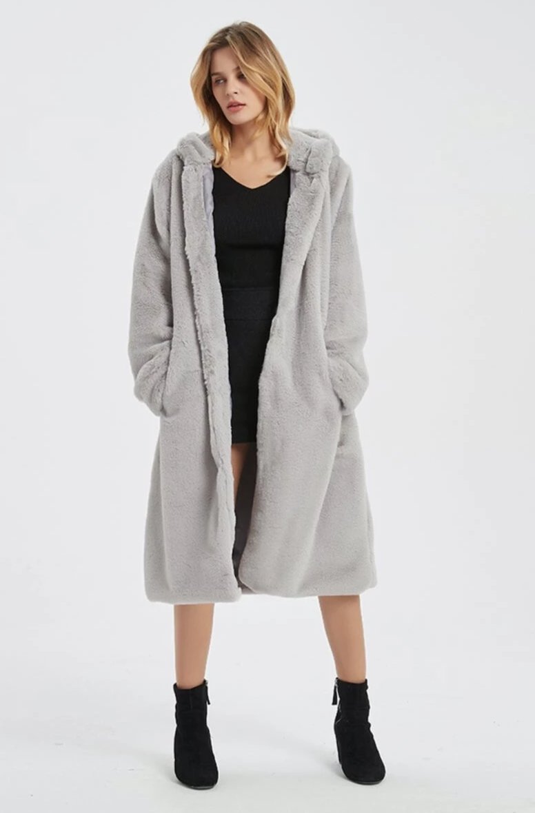 Womens Hooded Faux Fur Coat with Pockets