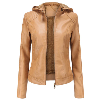 Hooded Vegan Leather Jacket with Inner Fur