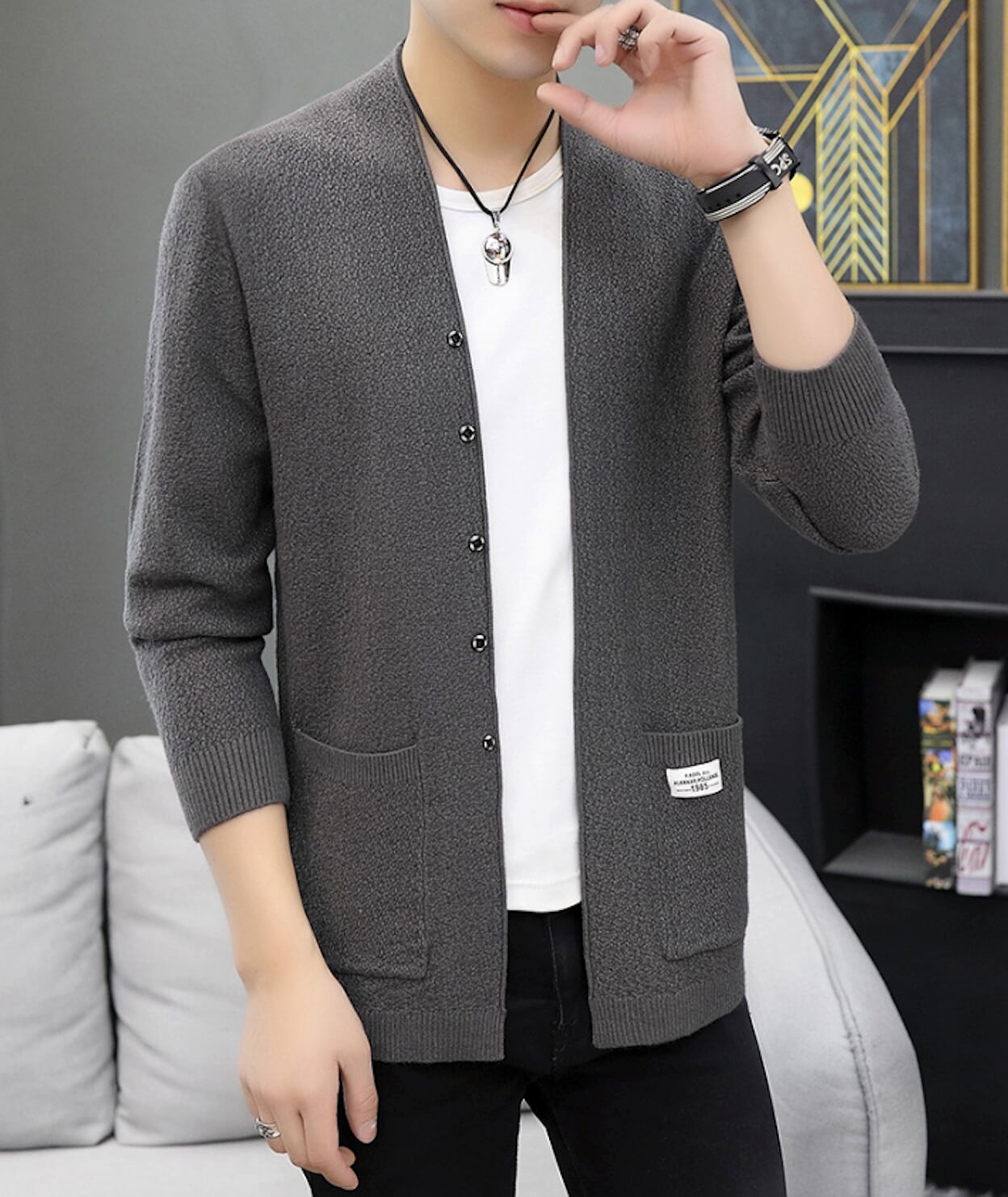 Mens Snap Buttons Cardigan with Pockets