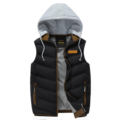 Mens Khaki Winter Puffy Vest with Removable Hood