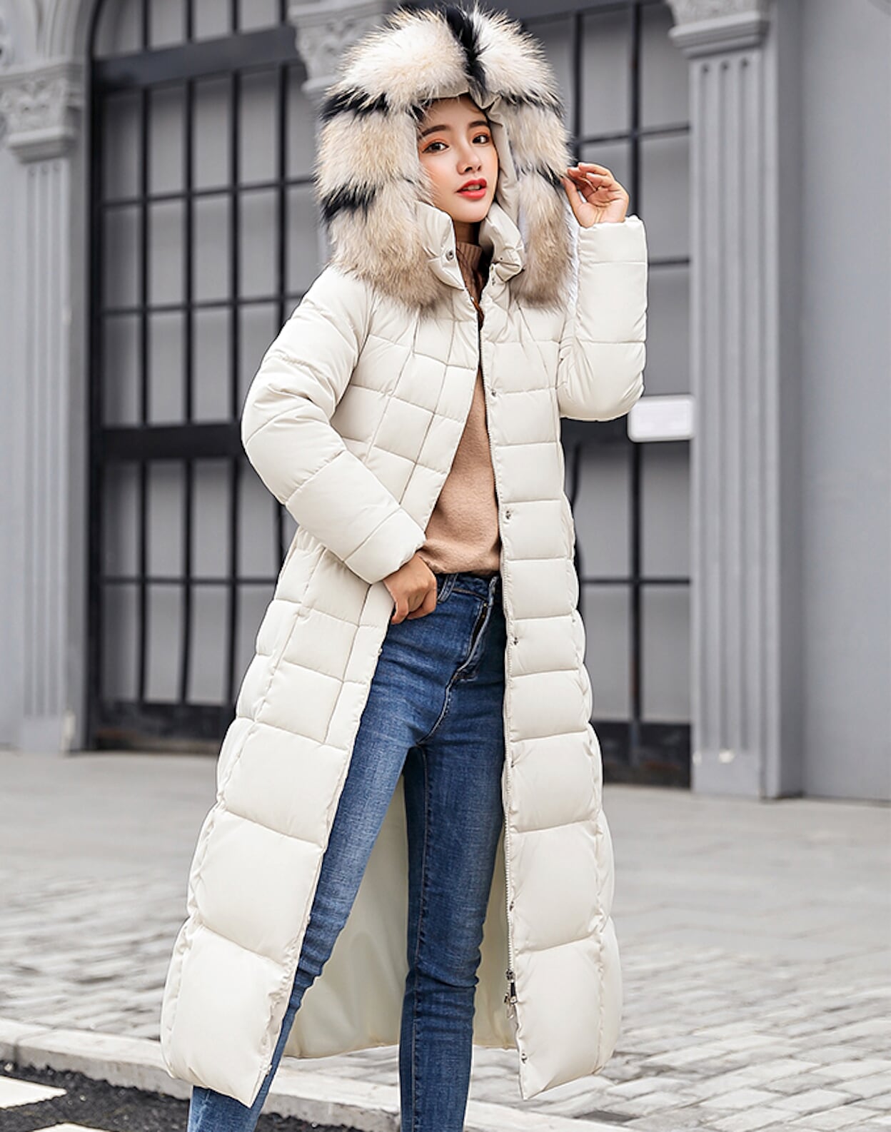 Womens Hooded Long Coat with Removable Faux Fur Collar