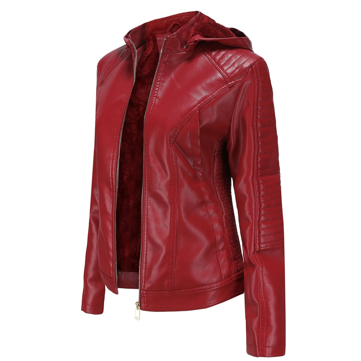 Hooded Vegan Leather Jacket with Inner Fur