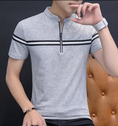 Mens Striped Stand Collar Polo Shirt