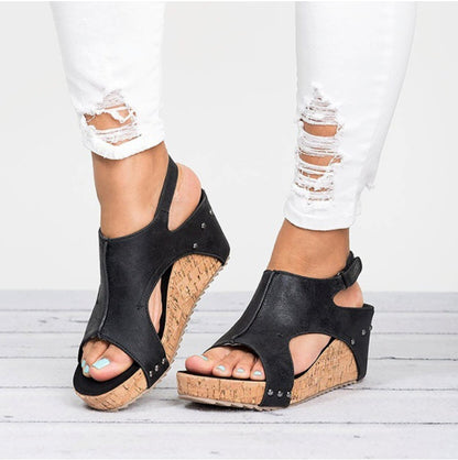 Womens Vegan Leather Cork Wedge Sandals