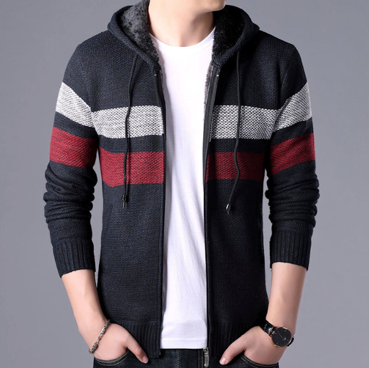 Mens Striped Knit Cardigan with Hood