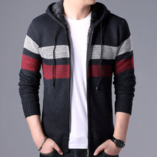 Load image into Gallery viewer, Mens Striped Knit Cardigan with Hood in Red
