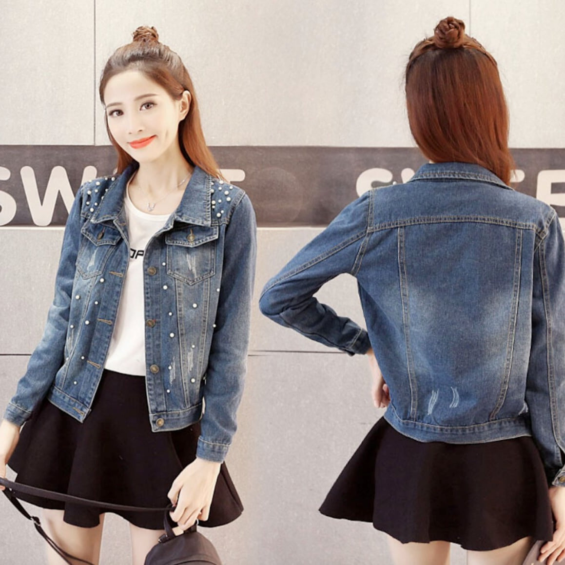 Womens Denim Jacket with Pearls
